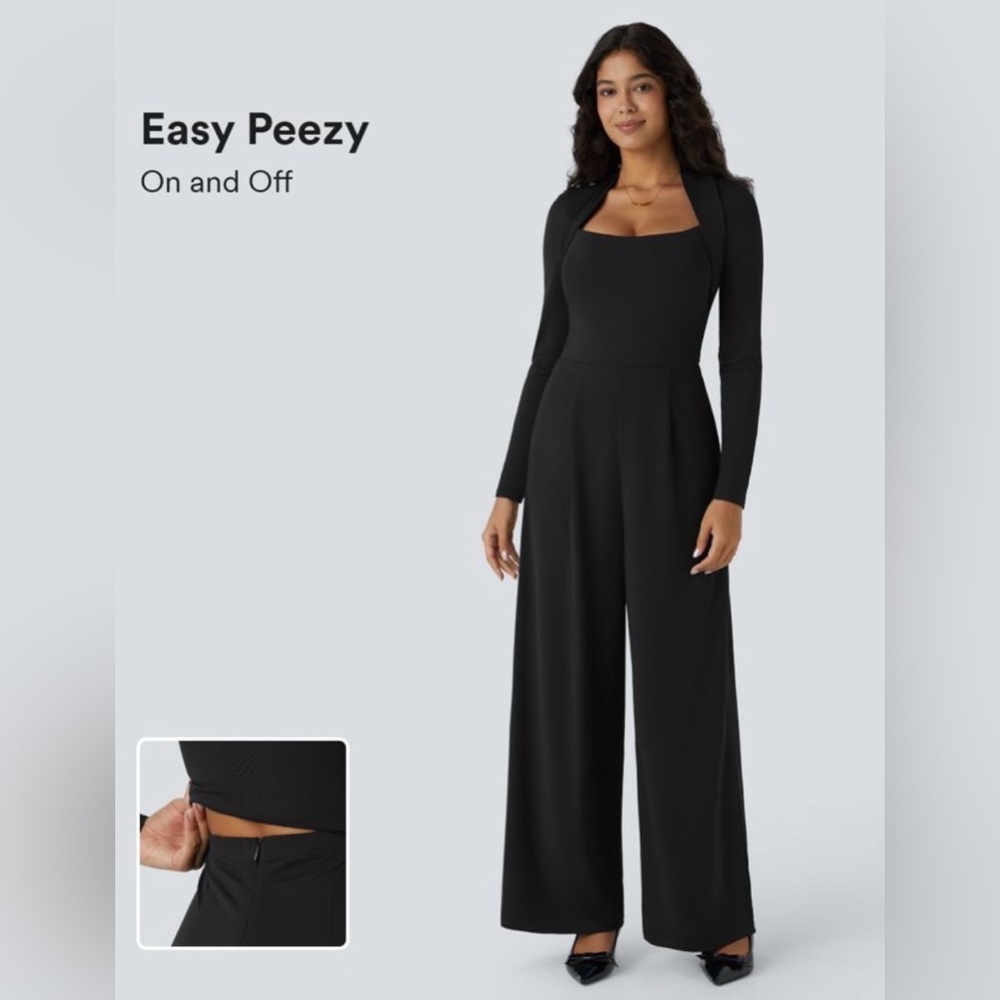HALARA Black Square Neck Long Sleeve Wide-Leg Jumpsuit